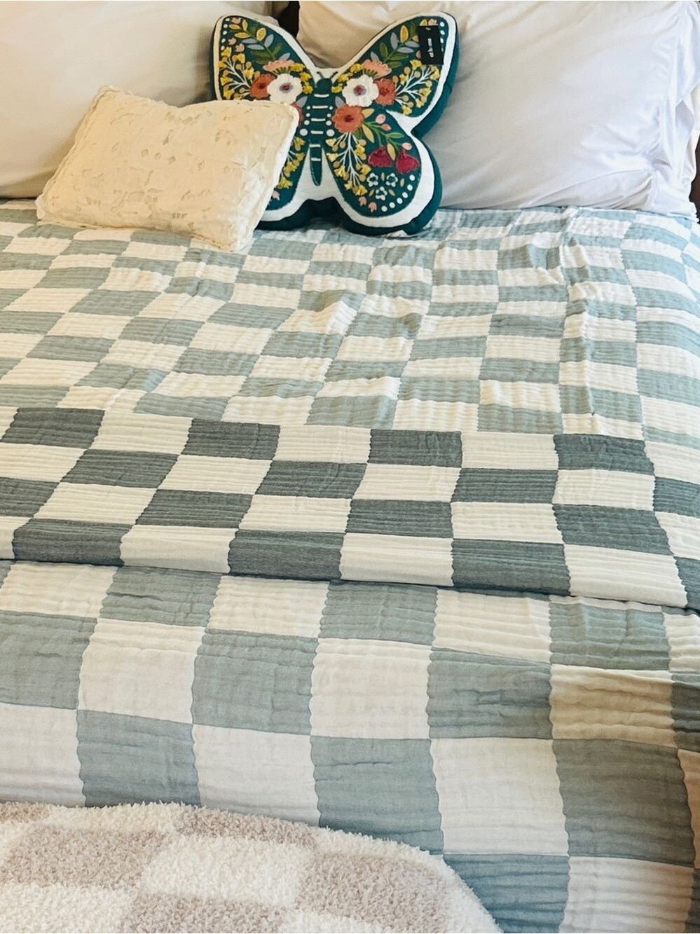Dark Teal Gray Check Throw Blanket Cotton Bamboo Blend Patchwork Quilt Style NEW